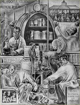 In 1938, artist Bernard Zakheim painted a series of murals in Toland Hall depicting the history of medicine in California. The depicted section of the large mural includes a reference to the Coleman Memorial Fund (lower right).