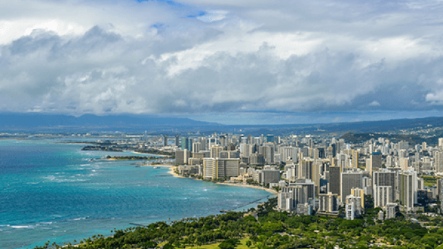 A view of the coast in Honolulu, Hawaii, where the Moana Surfrider Hotel is located.