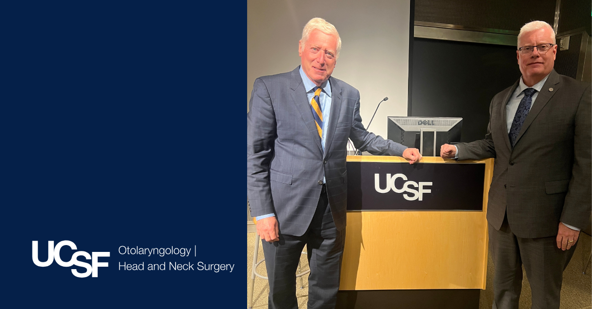 Dr. Andrew Murr and Dr. Jeffrey Bumpous pose in front of a podium during the 2025 Francis A. Sooy, M.D Endowed Lectureship.