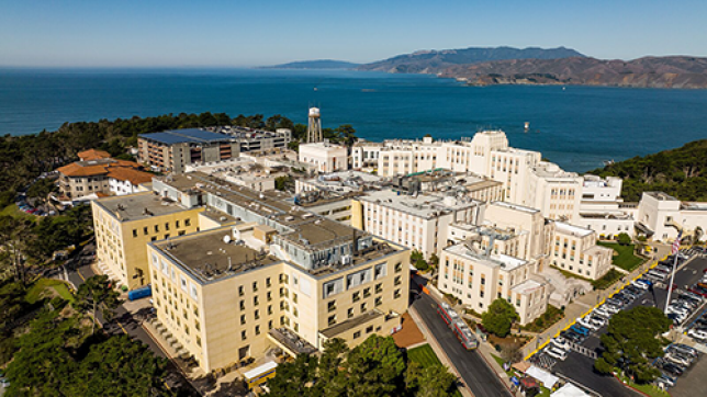 Birds-eye view of the San Francisco VA Medical Center, a sprawling medical complex on the waterfront.